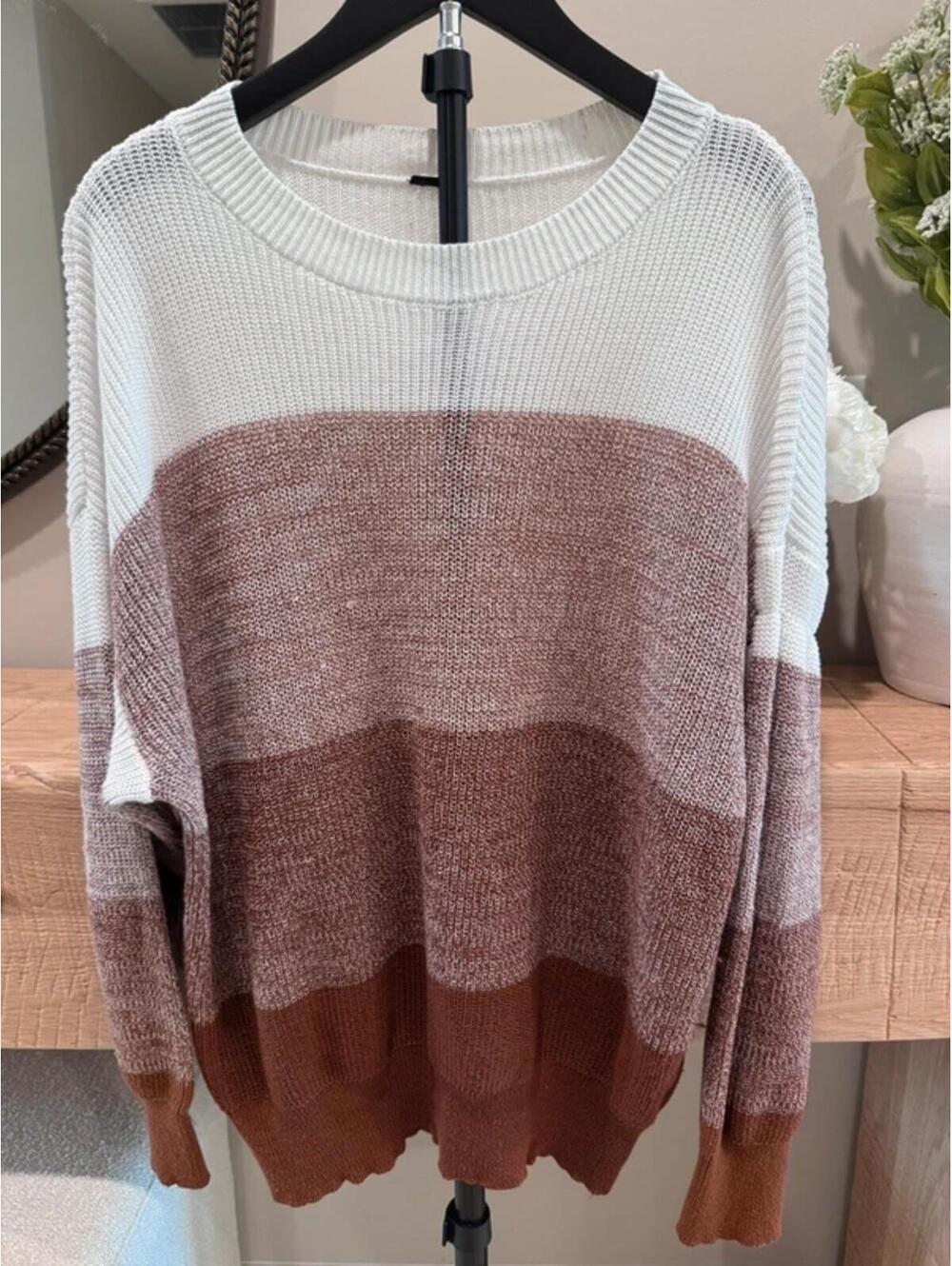 Knitted Large White And Brown Stripe Sweater Cardigan